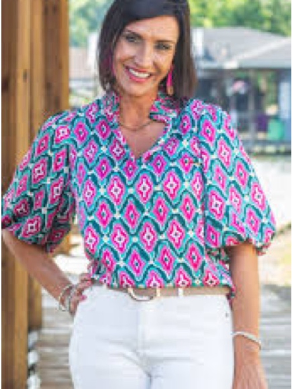 THML Teal and Hot Pink Printed Ruffle-Neck Puff Sleeve Blouse - Picture 5 of 16